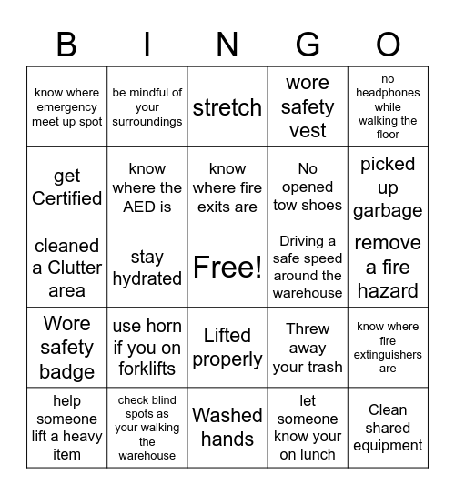 Warehouse Safety Bingo Card