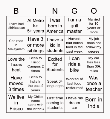 6th Grade Orientation Bingo Card