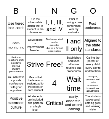 T-TESS Refresher Bingo Card