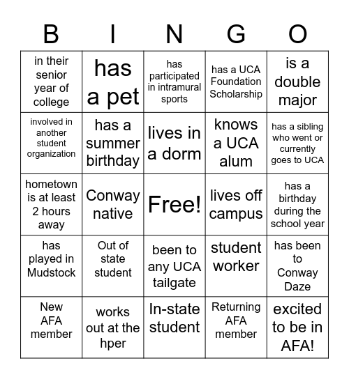 AFA Bingo! Bingo Card