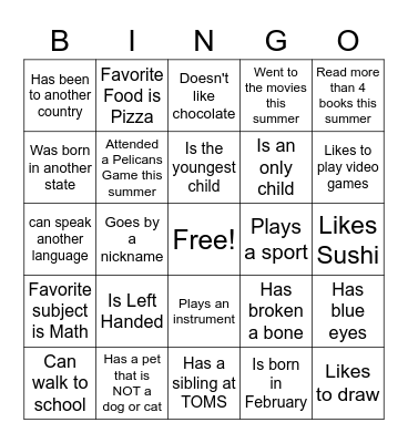 Getting to know you BINGO Card