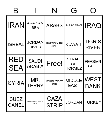 SOUTHWEST ASIA GEOGRAPHY Bingo Card