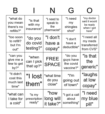 Pharmacy Bingo Card