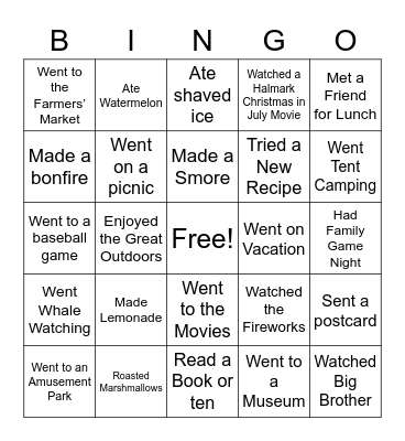 End of Summer Bingo Card