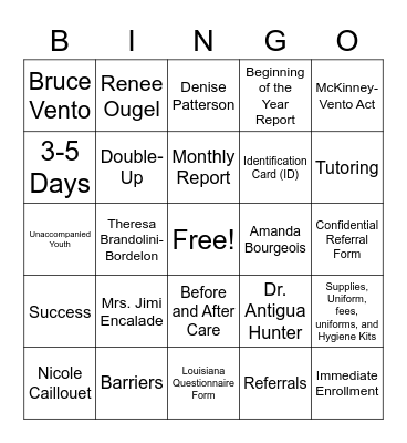 McKinney-Vento Program Bingo Card