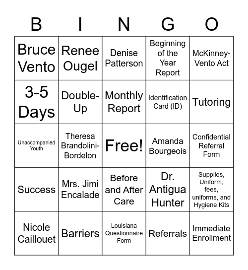 McKinney-Vento Program Bingo Card