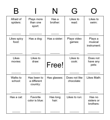 Get To Know Your Classmates Bingo Card