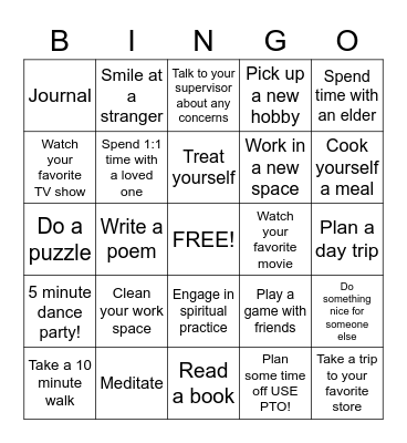 Self Care Bingo Card