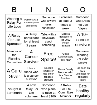 Relay For Life Scavenger Hunt Bingo Card