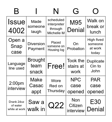 Intake Bingo Card