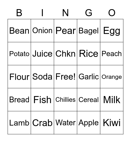 Food Bingo Card