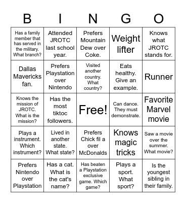 JROTC Day 1 Bingo Card