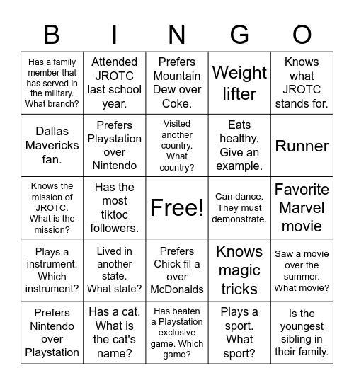 JROTC Day 1 Bingo Card