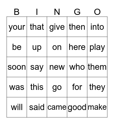 Sight Words 2 Bingo Card