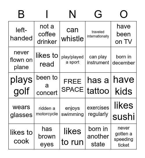 Icebreaker Bingo Card