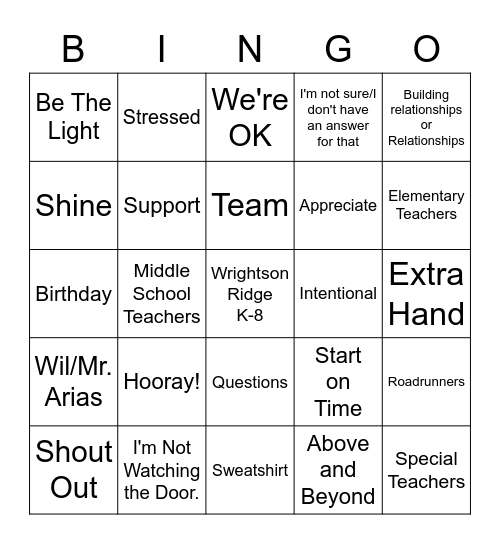 Staff Meeting BINGO!Support Bingo Card
