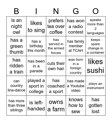 TCAH BINGO Card