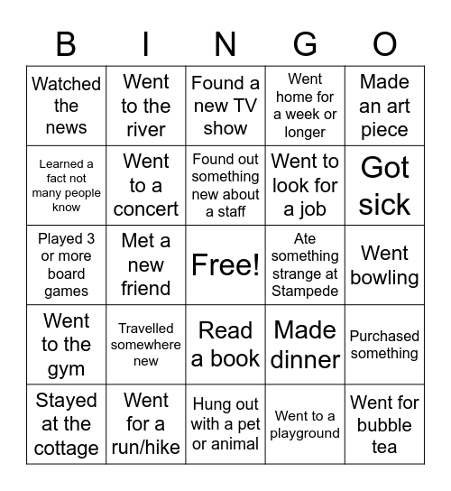 How was your summer? Bingo Card