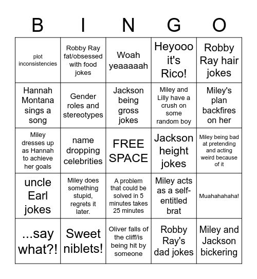 Hannah Montana Bingo Card