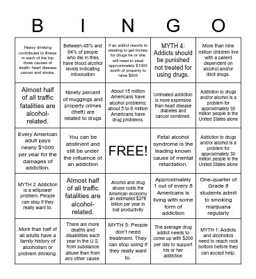 Addiction facts Bingo Card