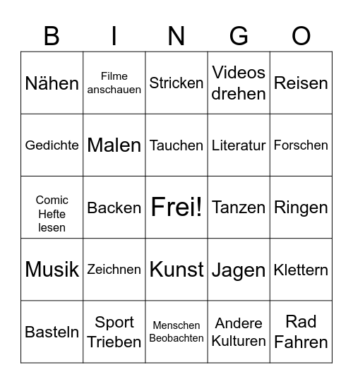 Interessen Bingo Card