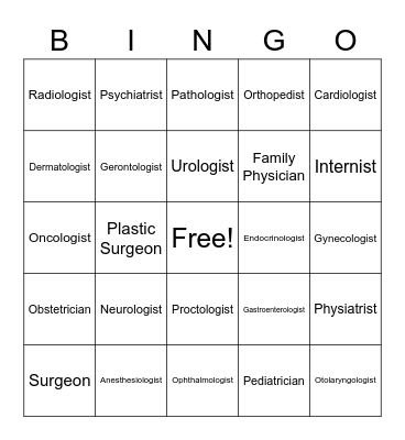 What kind of Doctor ? (Medical Specialties) Bingo Card