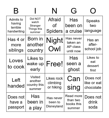 First Day Bingo Card