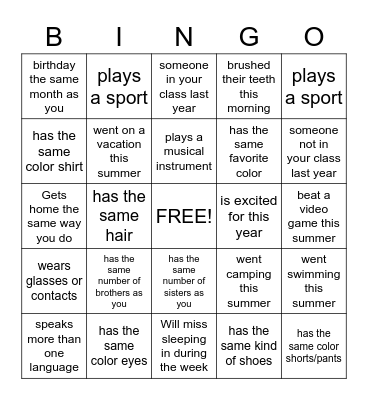 Classmate BINGO Card