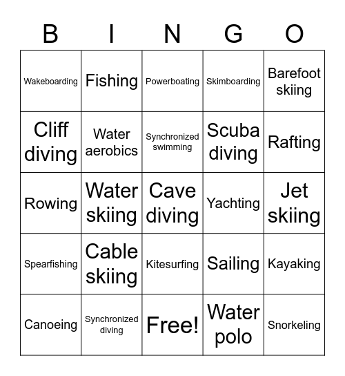 Water Sports Bingo Card