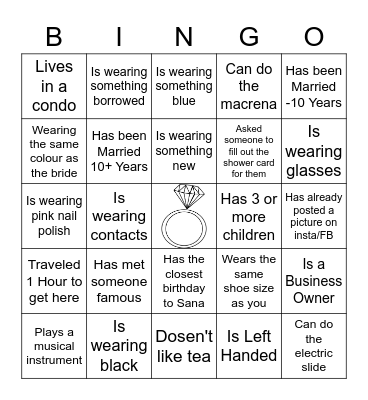 Sana’s Bridal Shower Bingo Card