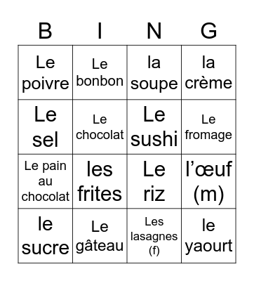 Food - autres choses Bingo Card