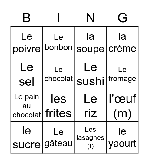 Food - autres choses Bingo Card