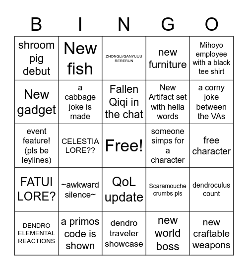 Genshin 3.0 Livestream Bingo Bango Bingo Card