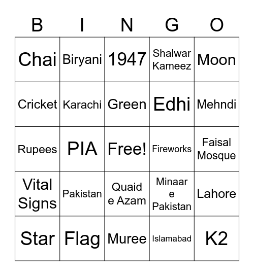 Pakistan Independence Day Bingo Card