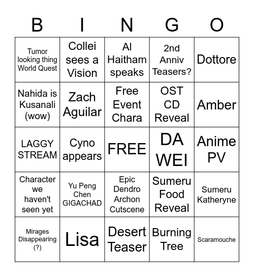 3.0 Livestream Bingo Card