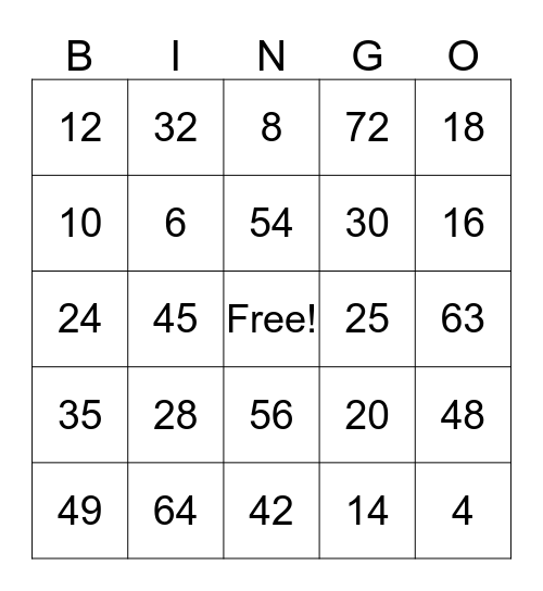 Multiplication Bingo Card