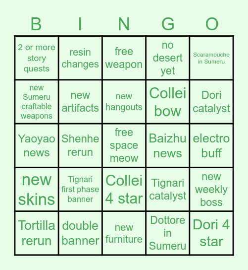 Genshin Impact 3.0 livestream Bingo Card