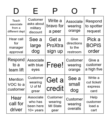 Home Depot Bingo Card