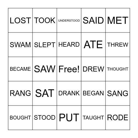 Irregular Verbs Bingo Card