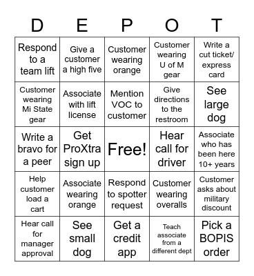 Home Depot Bingo Card