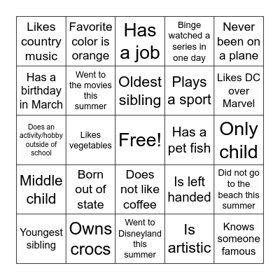 Get To Know You Bingo Card