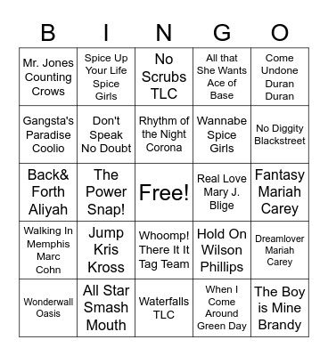 90's Hits BINGO Card