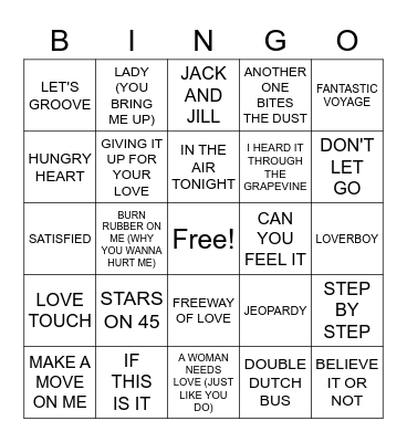 80'S HITS Bingo Card