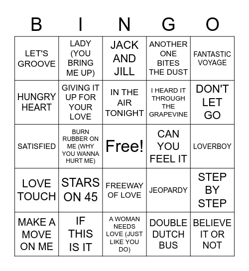 80'S HITS Bingo Card