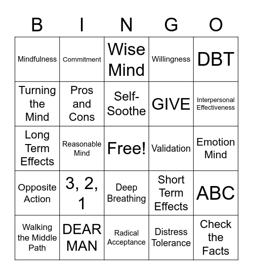 DBT Skills Bingo! Bingo Card