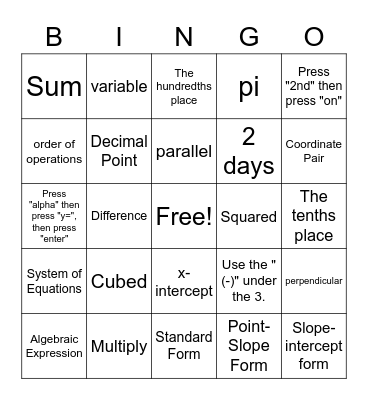 Math Terms Bingo Card