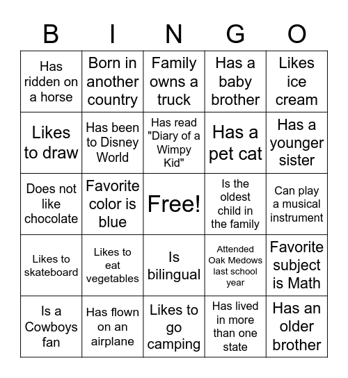 Classmate Bingo Card