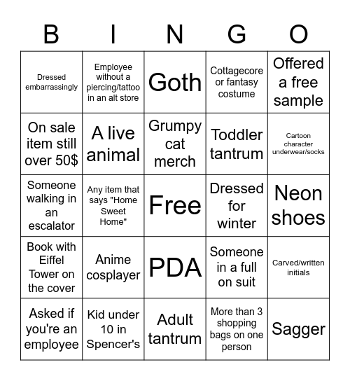 Mall Bingo Card