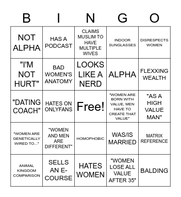ALPHA MALE BINGO Card
