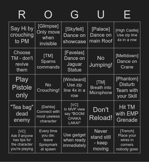 Rogue Company - Troll Edition Bingo Card
